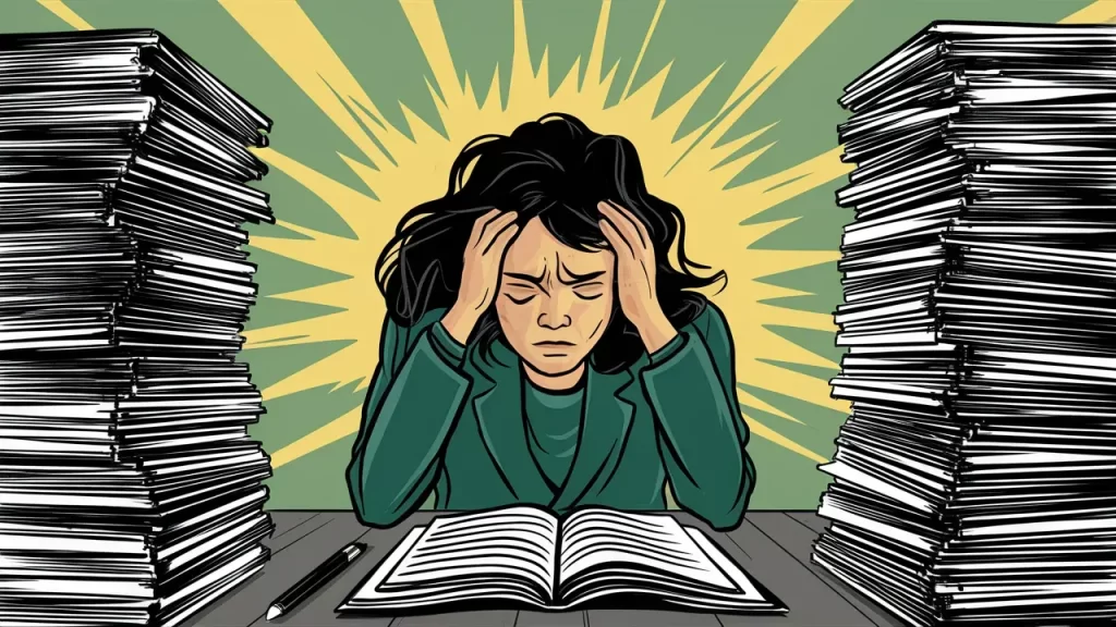 Woman Stressed Surrounded By Stacks Of Paper