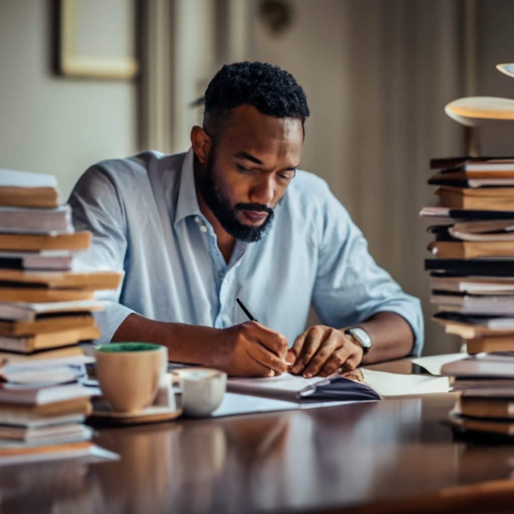 A man writing at a table with stacks of books and papers around