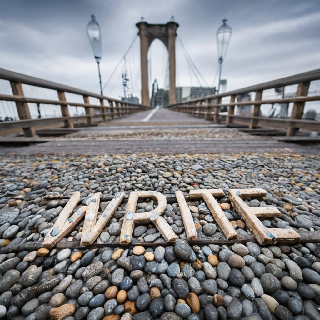The word write written in metal on cobblestones on a bridge